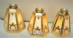 Large Vintage Mission Arts&crafts Brass And Slag Glass Lamp Shades Set Of 3