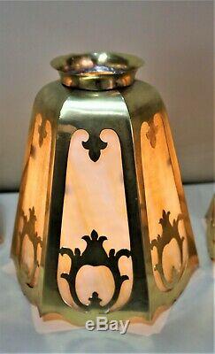 Large Vintage Mission Arts&crafts Brass And Slag Glass Lamp Shades Set Of 3