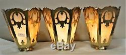 Large Vintage Mission Arts&crafts Brass And Slag Glass Lamp Shades Set Of 3