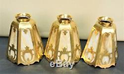 Large Vintage Mission Arts&crafts Brass And Slag Glass Lamp Shades Set Of 3