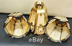 Large Vintage Mission Arts&crafts Brass And Slag Glass Lamp Shades Set Of 3