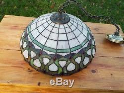 Large Vintage Stained Glass Tiffany Style Ceiling Pendant Light Shade Brass Rose
