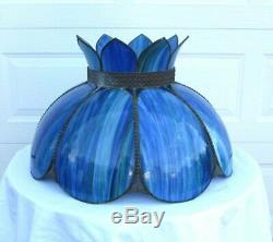 Large Vintage Tiffany Victorian Style Blue Stained Slag Glass Lamp Shade 24