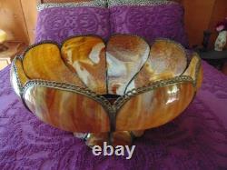 Large antique CURVED SLAG GLASS LAMP SHADE 16 panel11 1/4 tall x 21 round