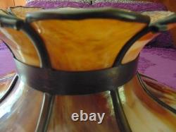 Large antique CURVED SLAG GLASS LAMP SHADE 16 panel11 1/4 tall x 21 round