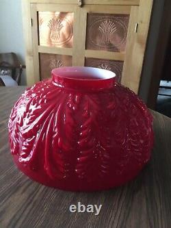 Lrg Vtg Red Cased Fern Pattern Parlor Lamp Shade, Hanging, 13 1/2 Fit, Mint