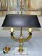 Mcm Bouillotte Lucite & Brass Table Lamp With Black Shade French Double Candle Vtg
