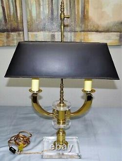 MCM Bouillotte Lucite & Brass Table Lamp with Black Shade French Double Candle Vtg
