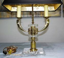 MCM Bouillotte Lucite & Brass Table Lamp with Black Shade French Double Candle Vtg