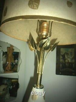 MCM vtg Mid Century atomic lamp w matching fiberglass shade toile / leaf motif