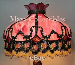 Magnificent Antique Vintage Pink Slag Glass Hanging Lamp Shade Beaded Fringes