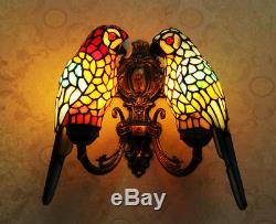 Makenier Vintage Tiffany Stained Glass Double Parrots Shades Wall Lamp Fixture