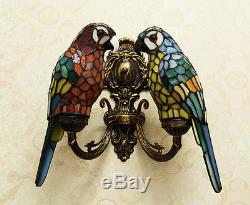 Makenier Vintage Tiffany Stained Glass Double Parrots Shades Wall Lamp Fixture