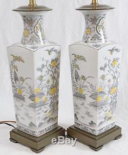 Marbro Porcelain Vase Aquatic Asian Table Lamps Pair Vintage Shades Chinoiserie