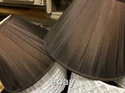 Matching PAIR Brown Pleated Silk LAMP SHADES Bell 7x11x17 Attached Harps VTG