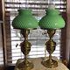 Matching Pair Of Vintage Brass Electric 19 With Mint Green Hobnail Shades