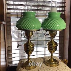 Matching Pair Of Vintage Brass Electric 19 With Mint Green Hobnail Shades