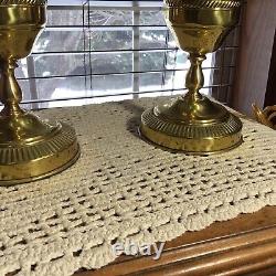 Matching Pair Of Vintage Brass Electric 19 With Mint Green Hobnail Shades