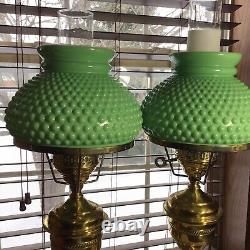 Matching Pair Of Vintage Brass Electric 19 With Mint Green Hobnail Shades