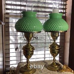 Matching Pair Of Vintage Brass Electric 19 With Mint Green Hobnail Shades