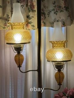 Mid Century Modern Amber Glass Light Lamp Vintage Globe Shade, Pole Tension