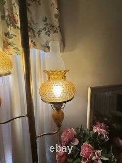 Mid Century Modern Amber Glass Light Lamp Vintage Globe Shade, Pole Tension