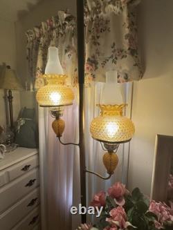 Mid Century Modern Amber Glass Light Lamp Vintage Globe Shade, Pole Tension