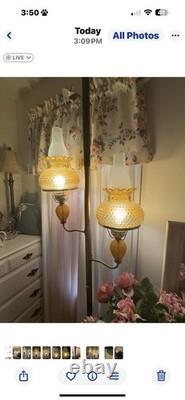 Mid Century Modern Amber Glass Light Lamp Vintage Globe Shade, Pole Tension