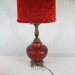 Mid Century Spanish Gothic Red Art Glass Lamp Original Vtg Red Velvet Shade