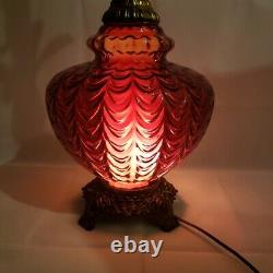 Mid Century Spanish Gothic Red Art Glass Lamp Original Vtg Red Velvet Shade