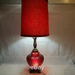 Mid Century Spanish Gothic Red Art Glass Lamp Original Vtg Red Velvet Shade