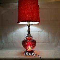 Mid Century Spanish Gothic Red Art Glass Lamp Original Vtg Red Velvet Shade