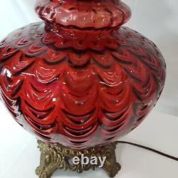 Mid Century Spanish Gothic Red Art Glass Lamp Original Vtg Red Velvet Shade