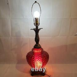 Mid Century Spanish Gothic Red Art Glass Lamp Original Vtg Red Velvet Shade