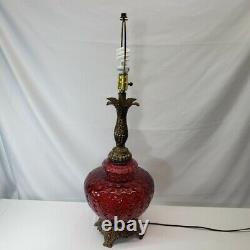 Mid Century Spanish Gothic Red Art Glass Lamp Original Vtg Red Velvet Shade