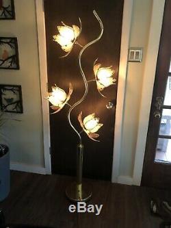 Mid Century/VTG Tall Lotus Flower Lamp White & Brass Metal, 4 Glass Shades