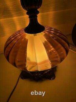 Mid Century Vintage Hollywood Regency Amber Optic UFO Globe Table Lamp No Shade