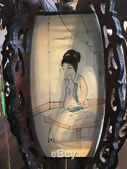 Midcentury Vintage Chinese Lantern/ Light fitting, Painted Silk, Wood Dragons