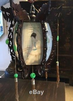 Midcentury Vintage Chinese Lantern/ Light fitting, Painted Silk, Wood Dragons