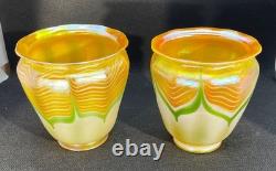 Nice Clean Pair Of Signed Quezal Pulled Feather Design Lamp Shades 2.25 Fitter