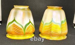 Nice Clean Pair Of Signed Quezal Pulled Feather Design Lamp Shades 2.25 Fitter