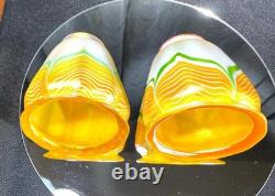 Nice Clean Pair Of Signed Quezal Pulled Feather Design Lamp Shades 2.25 Fitter