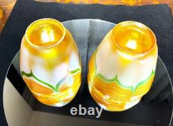 Nice Clean Pair Of Signed Quezal Pulled Feather Design Lamp Shades 2.25 Fitter