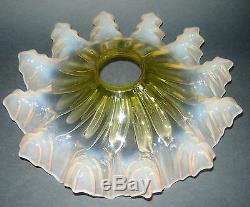 OLD Vintage Art Nouveau White Opalescent & Vaseline glass lamp shade RUFFLED