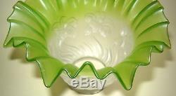 OLD Vintage Art Nouveau glass lamp shade UNIQUE RUFFLED SHAPE White and Green