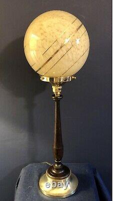 ORIGINAL 1930s ART DECO TABLE DESK LAMP BRASS BASE MAHOGANY STEM. GLOBE SHADE