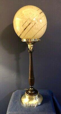 ORIGINAL 1930s ART DECO TABLE DESK LAMP BRASS BASE MAHOGANY STEM. GLOBE SHADE