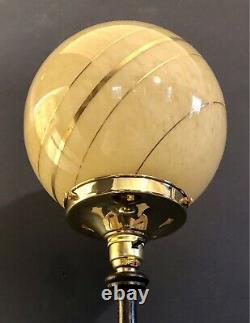 ORIGINAL 1930s ART DECO TABLE DESK LAMP BRASS BASE MAHOGANY STEM. GLOBE SHADE