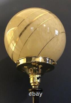 ORIGINAL 1930s ART DECO TABLE DESK LAMP BRASS BASE MAHOGANY STEM. GLOBE SHADE