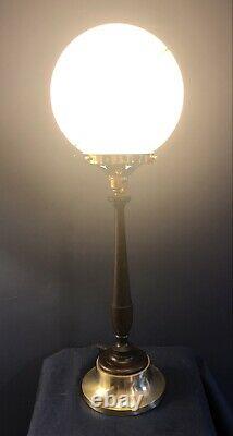 ORIGINAL 1930s ART DECO TABLE DESK LAMP BRASS BASE MAHOGANY STEM. GLOBE SHADE